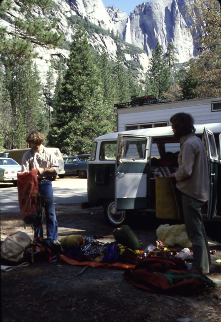 Rick and SP packing for South Face of Watkins, April 1980